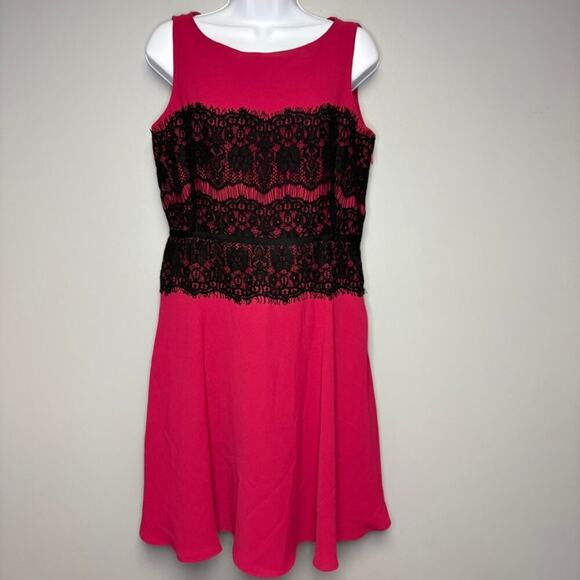 LOFT Pink Fuchsia Black Lace Detail Knee Length Semi-Formal Cocktail Dress Sz 6 - Picture 2 of 6